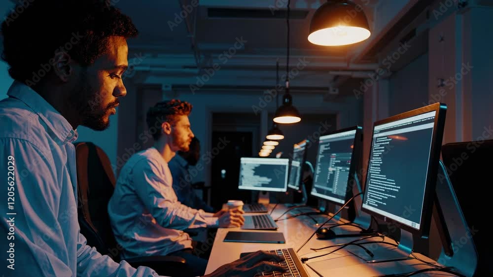 Poster programmers collaborate late at night in a tech workspace with glowing screens and focused expressio