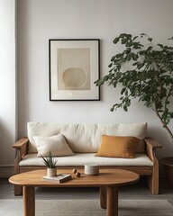 This streamlined living room highlights a warm wooden sofa, a modern table, an indoor plant, and various elegant furniture items.