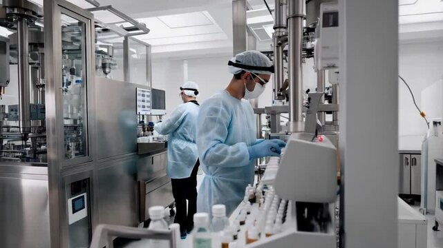 Factory of medicine or vaccine for processing and bottling. Science and Medicine Working Together