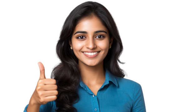 Beautiful Indian woman in a blue shirt, giving a thumbs-up pose, with a transparent background