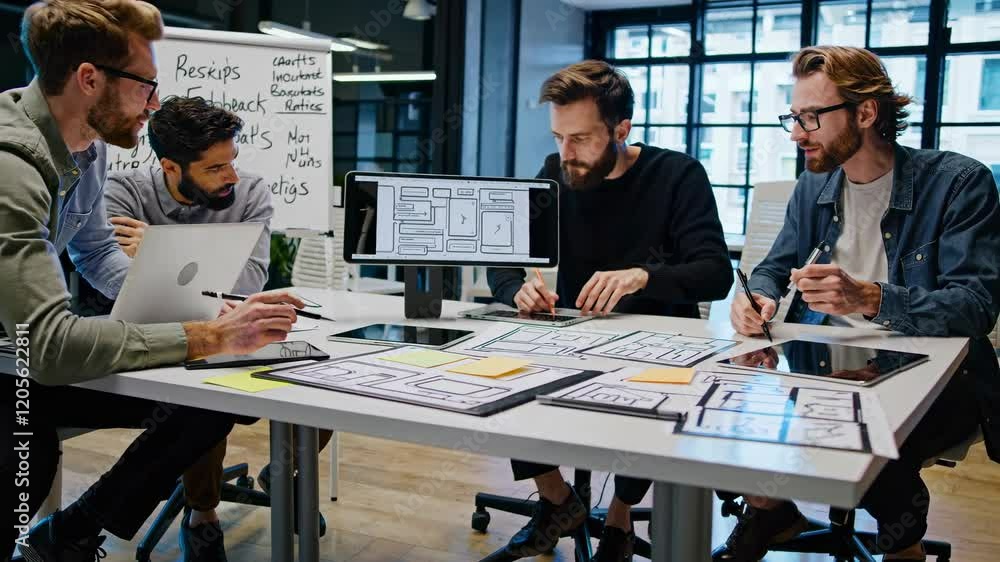 Poster Team collaborates on creative project design in a modern workspace during the afternoon