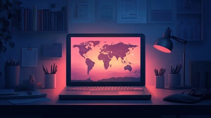 Obraz premium Laptop displaying world map on desk at night.