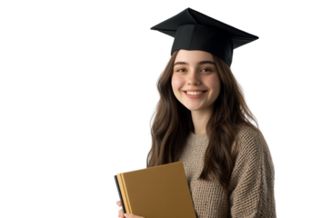 Happy young woman in a graduation cap and casual holding a book, isolated on a transparent background