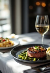 Gourmet steak dinner with asparagus and wine in elegant restaurant setting