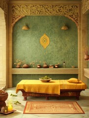 Ayurvedic healing room with herbal treatments in natural colors