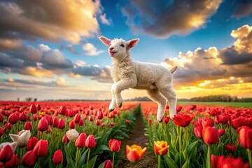 A playful lamb leaps joyfully amidst a vibrant field of blooming tulips, bathed in the warm glow of a breathtaking sunset.