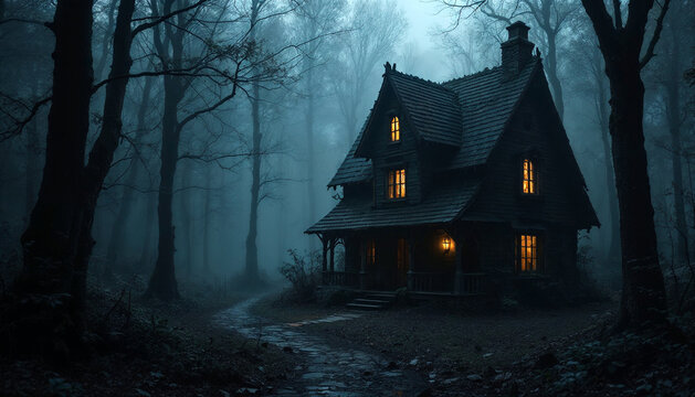 Old wooden house in a foggy forest with glowing windows