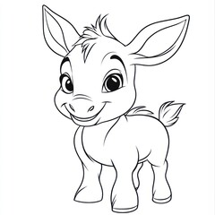 Cute cartoon donkey foal, farm animal illustration, children's book, coloring page