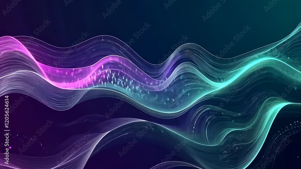 Poster Video with an abstract digital artwork showcasing a wave-like pattern formed by tiny light particles in vibrant teal, magenta, and shades of blue. The dynamic composition exudes energy and fluidity