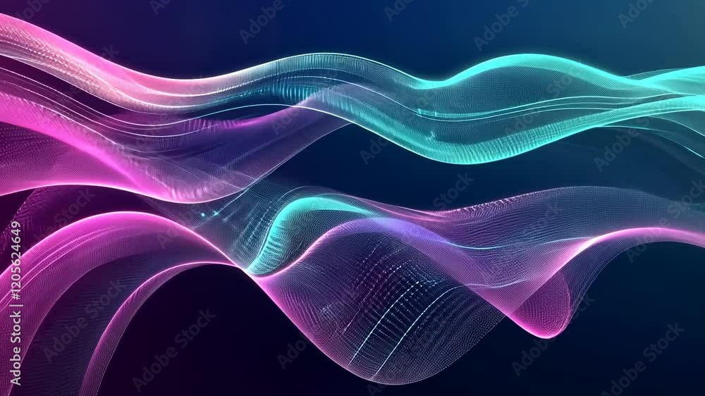 Poster Video with an abstract digital artwork showcasing a wave-like pattern formed by tiny light particles in vibrant teal, magenta, and shades of blue. The dynamic composition exudes energy and fluidity