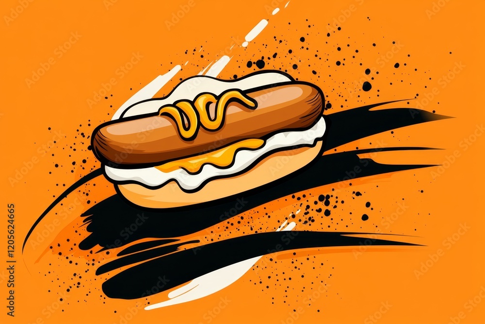 Poster a flat, icon-style depiction of a wurst sausage in a bun, topped with mustard, drawn in simple geome