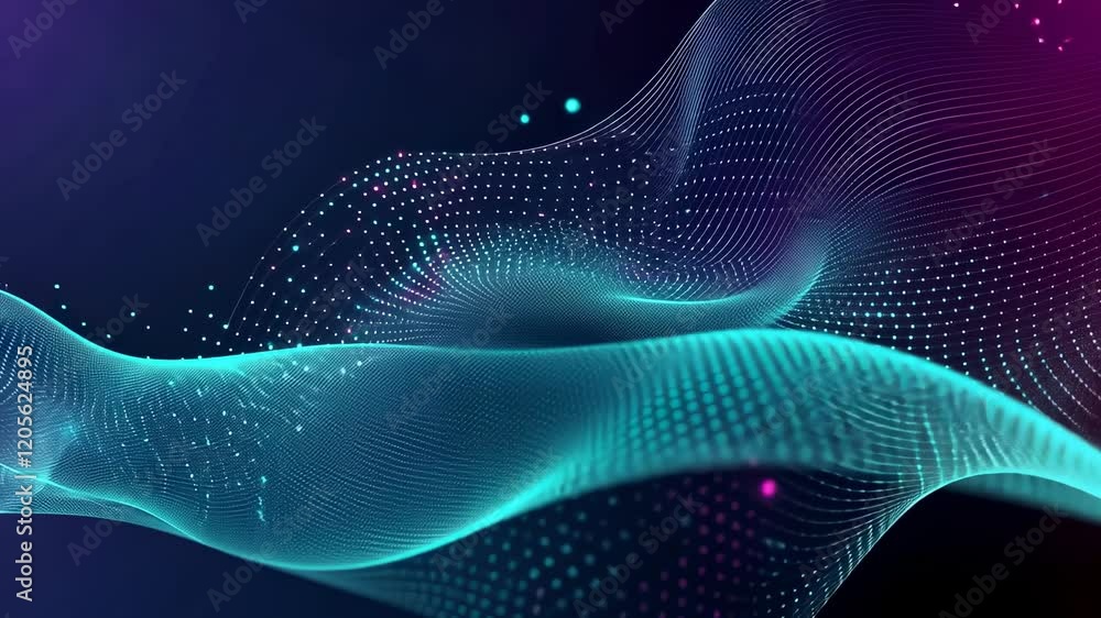 Aufkleber Video with an abstract digital artwork showcasing a wave-like pattern formed by tiny light particles in vibrant teal, magenta, and shades of blue. The dynamic composition exudes energy and fluidity