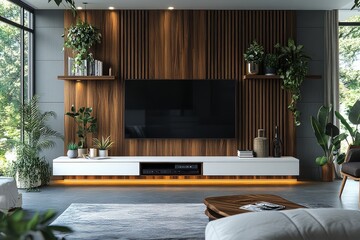 Modern TV stand with white slats and walnut legs, contemporary wood TV cabinet for digital TV or display screen in stylish living room decor.