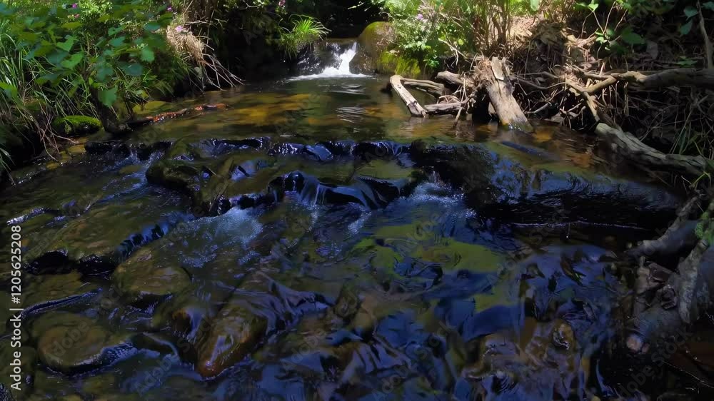 Poster serene stream flows through vibrant forest filled with blooming flowers in a sunny natural setting