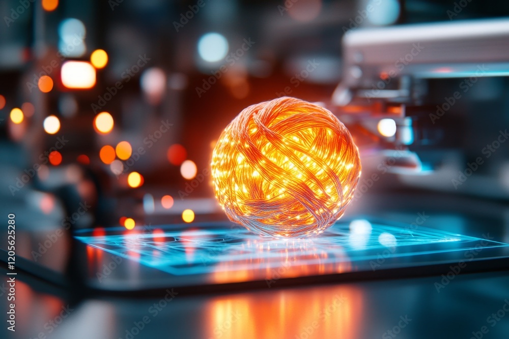 Poster a futuristic yarn ball glowing with neon threads, displayed on a holographic surface with a high-tec