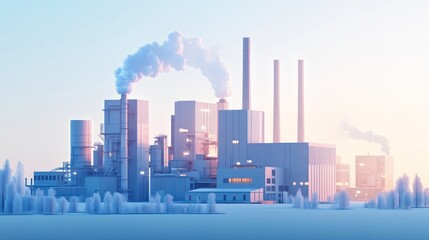 Obraz premium Industrial complex at sunrise, emitting smoke.