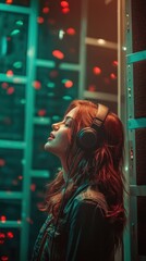 Obraz premium Young Woman Immersed in Music with Headphones in a Teal and Red Atmosphere