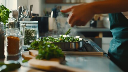 A detailed vegetarian cooking class, in a bright kitchen studio, teaching how to prepare gourmet plant-based dishes