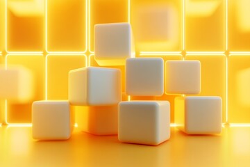 Obraz premium A 3D-rendered stack of yellow cubes glowing softly, placed in a symmetrical pattern on a gradient yellow background