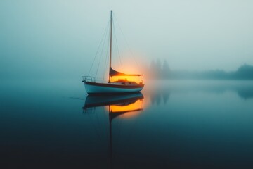 Fototapeta premium A haunting scene of a ghostly yacht glowing faintly in the moonlight, surrounded by thick fog and distant cries of seagulls