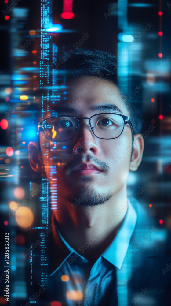 Poster Tech professional examining glowing holographic code interface, wearing glasses and focused on digital workspace