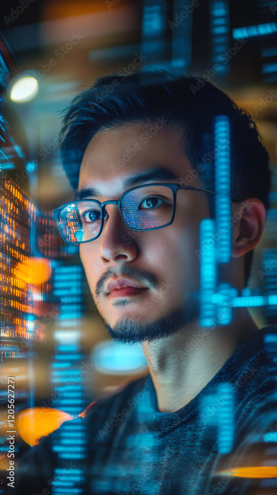 Poster asian software engineer working with source code reflected on a transparent screen, futuristic techn
