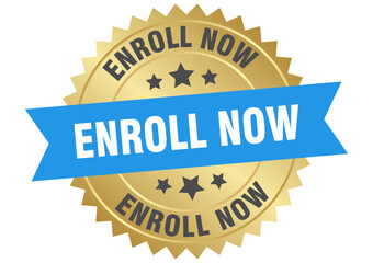 enroll now. enroll now round blue and gold label isolated on transparent background
