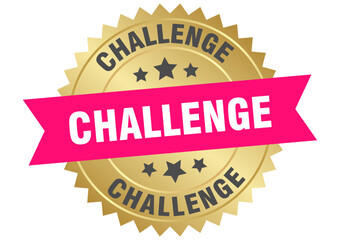 challenge. challenge round pink and gold label isolated on transparent background