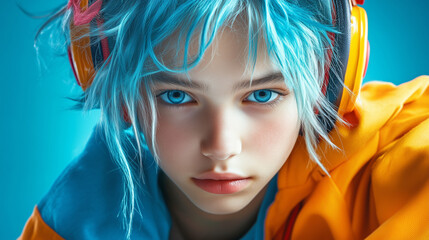 Fototapeta premium Young person with vibrant blue hair and headphones