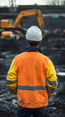 Supervisor wearing high visibility vest and helmet controlling working excavator in open pit coal mine