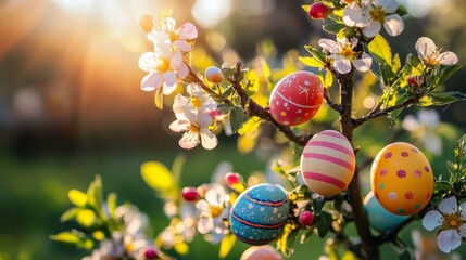Easter egg hunt celebration blooming orchard springtime festivity natural landscape close-up view joyful tradition