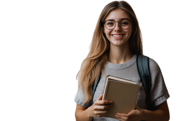 Portrait of a smiling female student with a backpack holding a book, isolated on a transparent PNG background