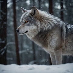 Naklejka premium A metallic silver wolf with glowing eyes, side-view, DSLR quality, blurred snow-covered forest.