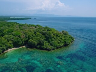 Fototapeta premium Aerial view of a lush green island surrounded by crystal clear turquoise waters and distant mountains