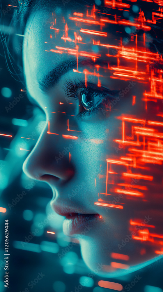 Poster digital data stream blending with female profile, symbolizing human-technology convergence and innov