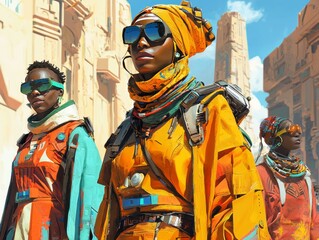 Obraz premium Futuristic African city with bold geometric architecture and travelers