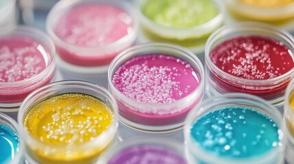 Naklejka premium A close-up of a petri dish with colorful bacterial cultures.