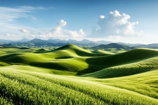 A landscape of xanthous rolling hills under a deep blue sky, with scattered clouds casting shadows