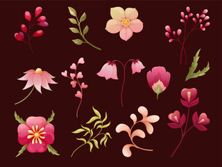Collection of colorful elegant floral vector elements on a dark background. Set various decorative flowers, leaves, and branches in shades of pink, red, green, and cream. Perfect for use in graphic