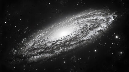 A black and white photo of a spiral galaxy with a bright star in the center