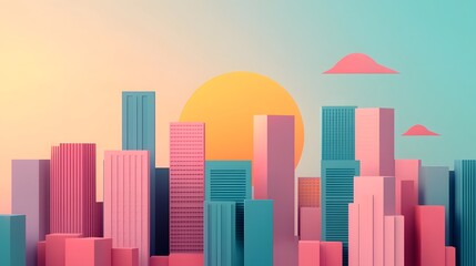 Obraz premium Layered Paper-Style City Skyline,Elegant Minimalist 3D