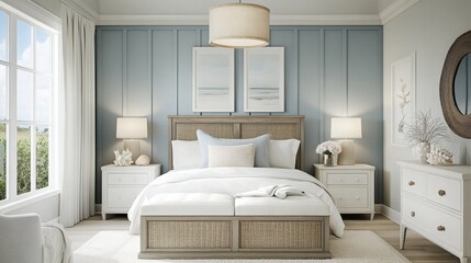 A coastal-themed bedroom with light blue walls, white furniture, and seashell decor.
