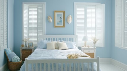 A coastal-themed bedroom with light blue walls, white furniture, and seashell decor.