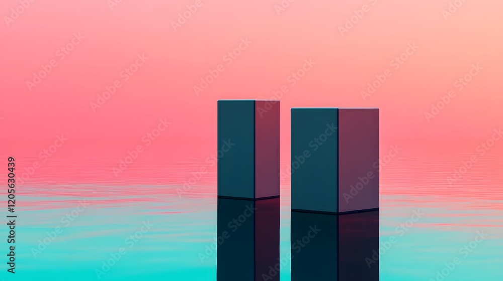 Poster minimalist architectural towers with reflective surfaces and gradient backdrop in 3d
