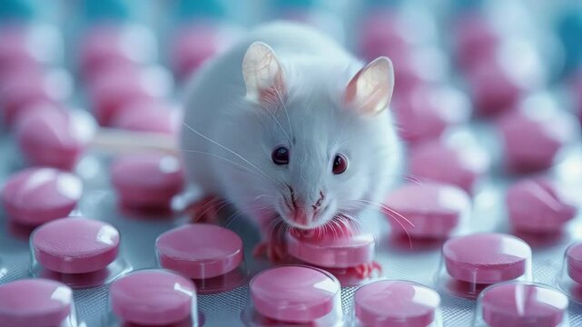 video of White mouse on the pills background, animal test in laboratory 