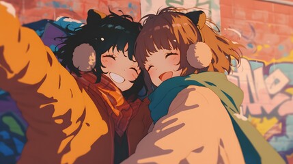 Happy anime couple taking a selfie, smiling in winter clothing with graffiti art in the background, radiating joy and warmth