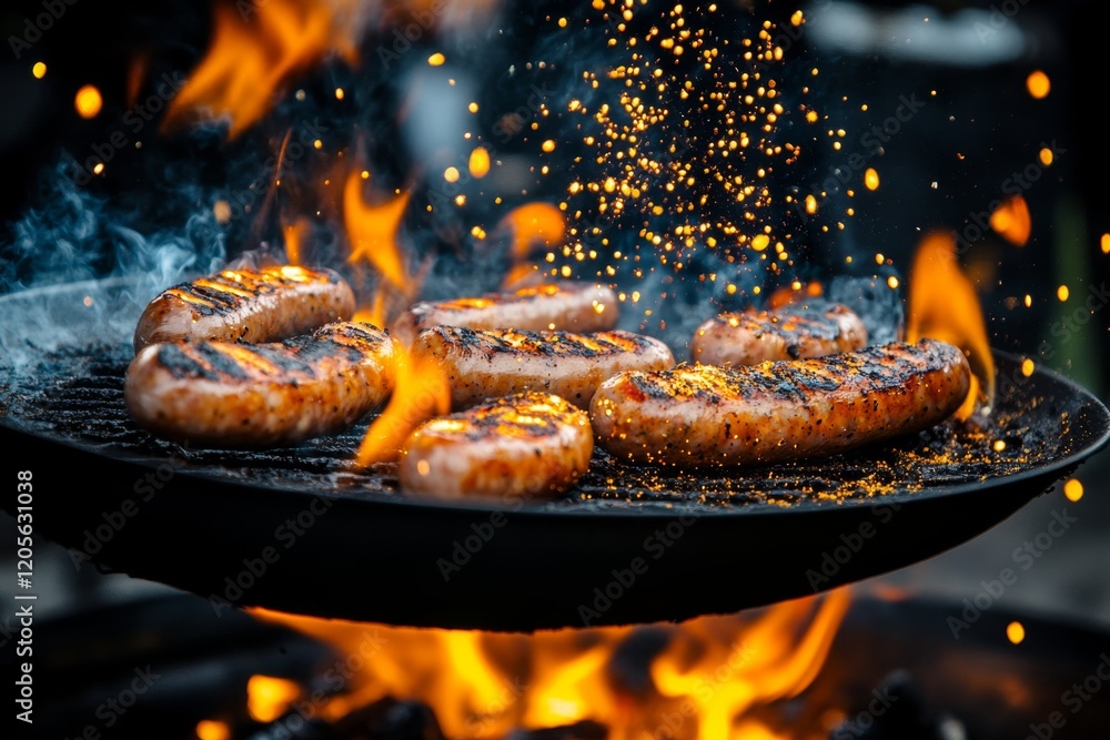 Poster a magical barbecue scene with glowing wurst sausages floating over enchanted flames, surrounded by m