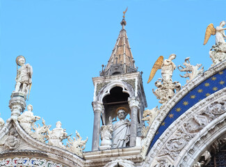 Sculptures on the facade of basilica di san marco or st. marks church in Venice Italy