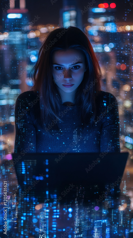 Fototapete young female programmer using laptop with digital overlay effect, working late at night with a citys