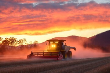 Fototapeta premium A combine harvester working in a wheat field under a vibrant sunset, with dust clouds glowing in the light